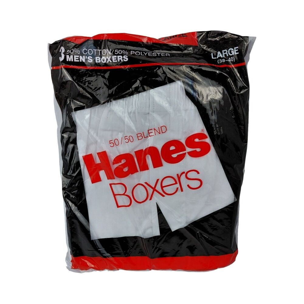 NOS Vintage Hanes 3 Pack Men’s Full Cut Boxers Size Large (38-40)White USA 1988
